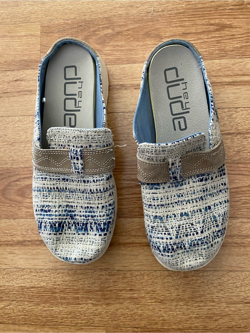 Hey Dude Blue Canvas Slip-On Loafers with Tan Trim